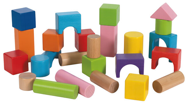 Colorful wooden blocks scattered vibrant shapes isolated on a transparent background