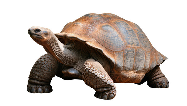 Magnificent giant tortoise with a rugged, textured brown shell and wrinkled skin, captured in a full side view, isolated PNG on transparent background