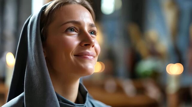 Close up portrait of a serene woman in a religious habit with a peaceful and composed expression soft diffused church interior light creating an even and dignified portrait