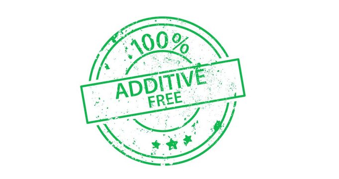 Green stamp graphic shows additive free with distressed texture. Design features circular border and bold text. Visual appears as official seal or certification mark. Ideal for health, food