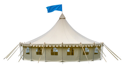Large beige round event tent with a vibrant blue flag on top, featuring arched windows and sturdy ropes, isolated PNG, ideal for outdoor party © Saoirse
