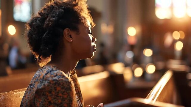 Faceless African American woman from behind in a church pew head slightly bowed in prayer the warm church lighting falling across her shoulders and natural hair