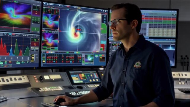Engineer analyzing data on multiple computer screens in a control room with graphs and a vortex simulation