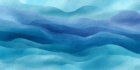 Obraz premium Blue ocean watercolor background with smooth flowing wave texture and artistic aqua paint illustration.