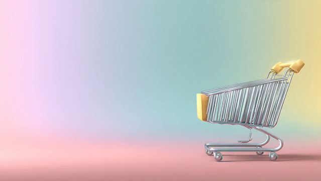 Vibrant e-commerce concept illustration featuring a sleek shopping cart against a soft pastel background, symbolizing online retail and consumerism