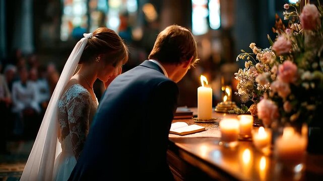 Faceless bride and groom from behind kneeling together before a church altar in prayer the bride's veil cascading softly down her back both figures perfectly still in the shared