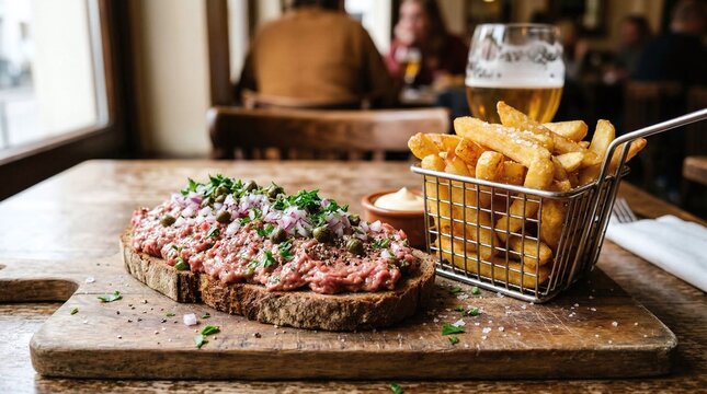 Filet americain with fries and beer