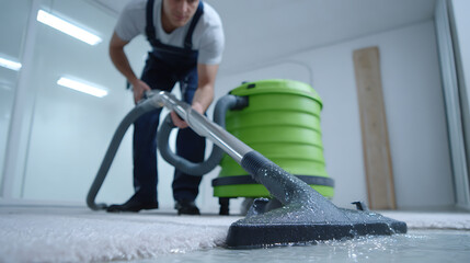 Fototapeta premium Professional Carpet Clean: Man Operate Wet Extractor Machine, Deep Clean Dirty Rug, Remove Stains, Restore Freshness in Bright Room