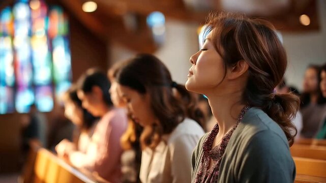 Faceless group of Asian women from behind seated in a row in a Christian church all in a prayer posture with heads slightly bowed warm church lighting filtering through