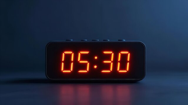 Digital alarm clock displaying 05 30 on a dark background with orange glowing numbers