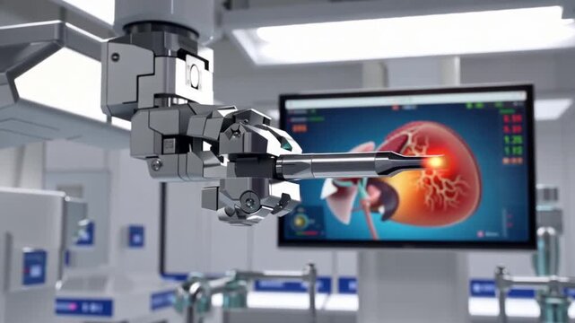 Robotic surgery system operating on a human heart model in a hospital operating room with medical monitors