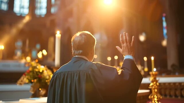 Faceless religious figure from behind in clerical attire at the front of a warmly lit church interior one hand raised in a gesture of blessing toward an implied congregation