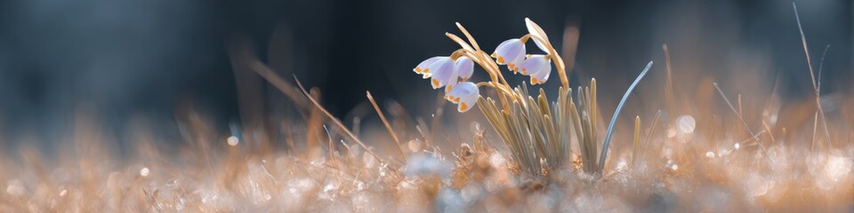 Fototapeta premium White snowdrop meadow dewdrops morning closeup of small spring flowers glowing in soft light with grass and delicate bell shaped petals in early season