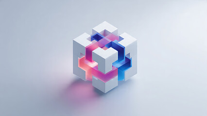 Fototapeta premium Abstract 3D Geometric Puzzle Cube in Soft Light Environment, Modern Graphic Design from Isometric Viewpoint