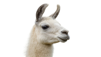 Close-up portrait of a majestic white llama head, captured in profile, isolated PNG for animal-themed designs and educational content © Oisin