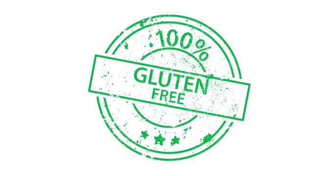 Green circular stamp shows 100% Gluten-free. Text has distressed texture. Three frames show same stamp from different angles. Suitable for food packaging, health product labels