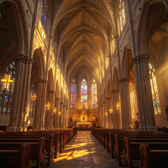 Obraz premium Warm sunlight glowing through stained glass in majestic cathedral interior