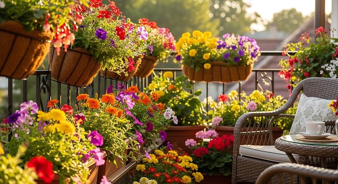 A beautiful and vibrant balcony garden overflowing with a diverse array of colorful flowers in pots and hanging baskets, creating a serene outdoor living space.