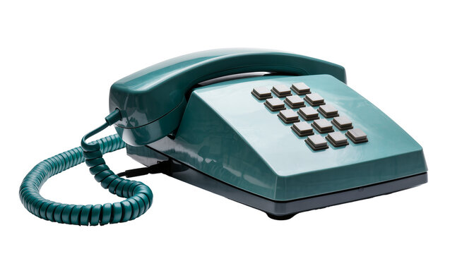 Vintage teal push-button telephone with a coiled cord, a classic communication device isolated for retro design and nostalgic themes PNG
