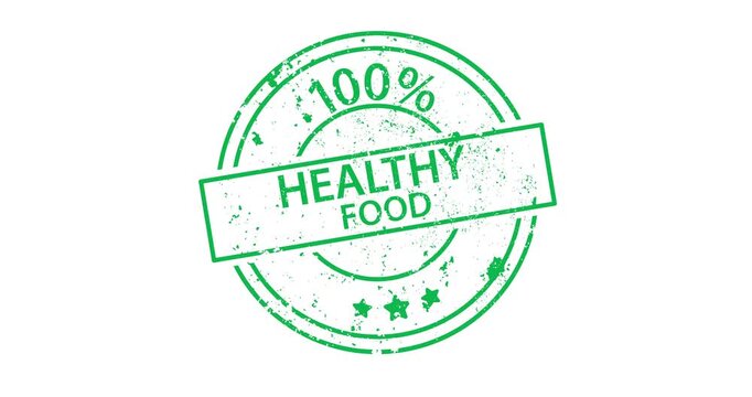 Green stamp graphic with Healthy Food' text. Grunge texture, circular design. Used for food branding, health campaigns, or eco-friendly products