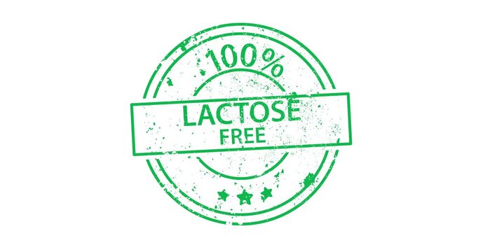 Green stamp highlights lactose-free product label. Text reads 100% lactose free with stars. Ideal for food packaging, health content, or dietary product ads