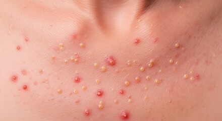 Fototapeta premium A close up view of human skin on the chest area showing multiple small inflamed acne breakouts
