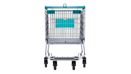 Front view of a modern metal shopping cart with teal handle and plastic details, perfectly isolated for retail and grocery store concepts © Oisin