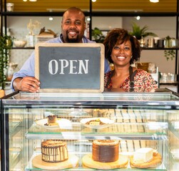 Welcoming bakery with smiling owners.