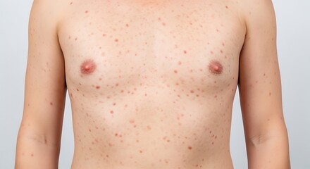 Fototapeta premium A close up view of a person torso showing a widespread skin rash with many small red spots or bumps
