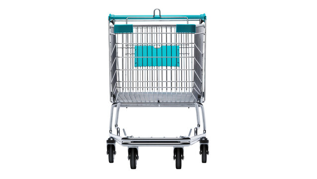Front view of a modern metal shopping cart with teal handle and plastic details, perfectly isolated for retail and grocery store concepts