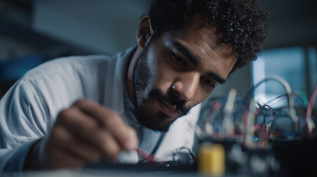 Focused Engineer or Scientist Work on Complex Electronic Components with Precision and Care in a Modern Research and Development Lab Setting at Night