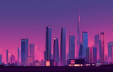 Obraz premium A vibrant cityscape at sunset with modern skyscrapers and a purple sky