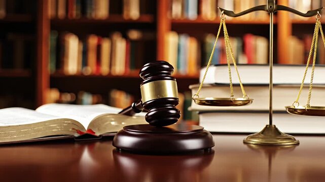 Gavel, scales of justice, and law books on wooden table