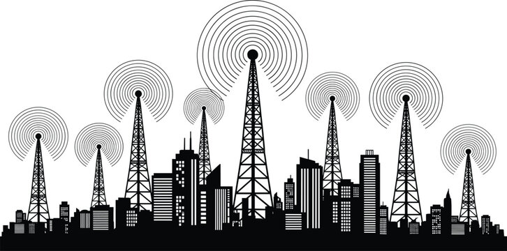City Skyline Silhouette with Communication Towers and Radio Wave Signals for 5G Network, Wireless Technology, Telecommunication Infrastructure