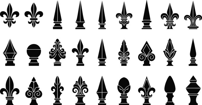 Collection of black spearhead silhouettes and fleur-de-lis fence finials, featuring various decorative ironwork topper designs for gates and architectural railings