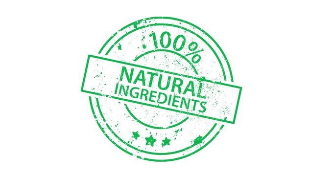Animated green stamp with 100% Natural Ingredients text appearing with stamping effect. Transparent background ideal for product videos and ads.