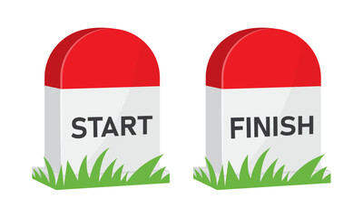 Start finish road milestone markers race route distance signposts for marathon running navigation path journey vector illustration.