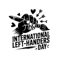 International left handers day illustration with hand holding brush and hearts