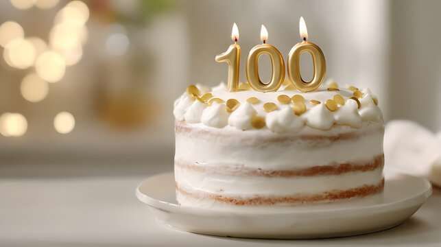 Elegant birthday cake with number 100 candles, cream frosting, and sparkling gold decorations on a minimalist white table with bokeh lights
