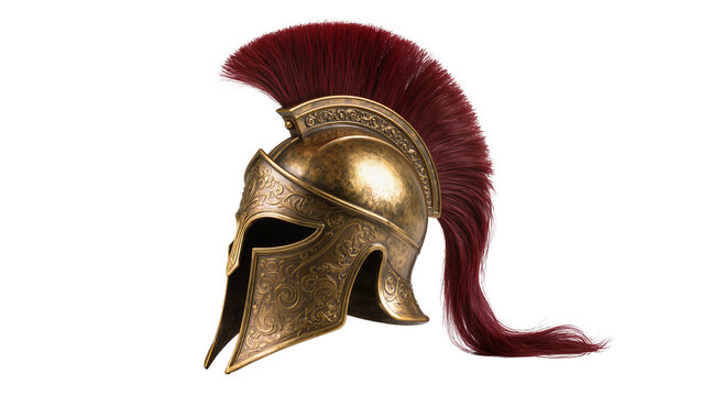 Ornate ancient Greek Roman warrior helmet, crafted from aged bronze with a vibrant red horsehair plume, isolated PNG on transparent background for historical designs