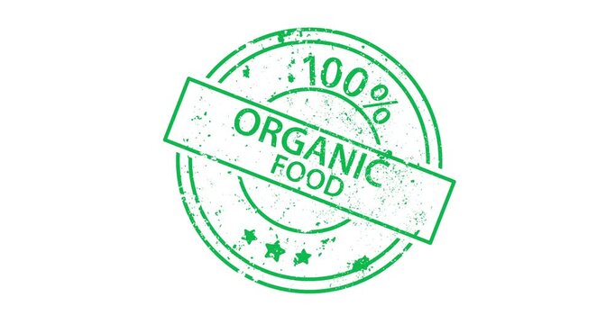 Animated green stamp with 100% Organic Food text appearing with stamping effect. Transparent background perfect for product videos and marketing content.