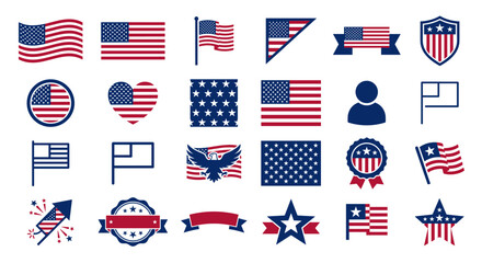 A collection of diverse stylized illustrations of the American flag in various shapes and forms, patriotic symbols.