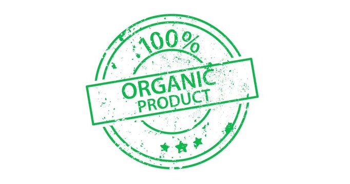 Animated green stamp with 100% Organic Product text appearing with stamping effect. Transparent background ideal for product videos and marketing.