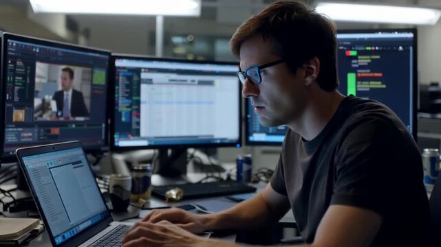 Man working on computer/software/development office