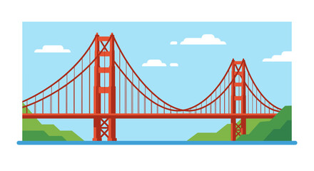 Fototapeta premium Vector illustration of the Golden Gate Bridge spanning water, with green hills and a blue sky with clouds.