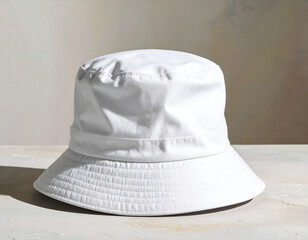 Fototapeta premium Clean white fabric hat with a wide brim, casts a shadow