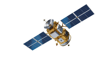Fototapeta premium Advanced communication satellite with large blue solar panels and golden body, isolated PNG, for space technology and global connectivity concepts