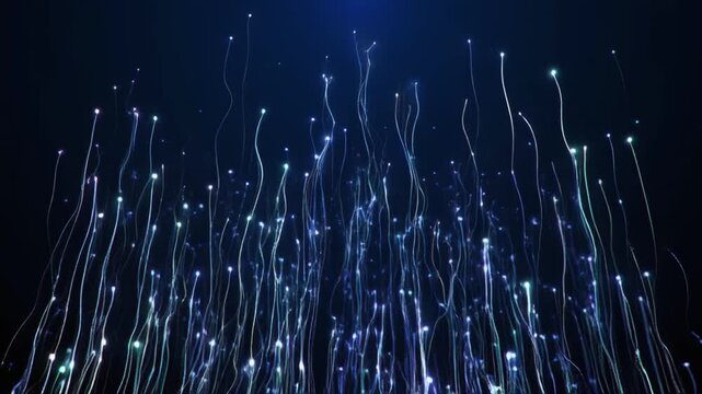 Glowing blue and purple fiber optic strands emitting light, swirling in a dark room, used for technology or data transfer concept