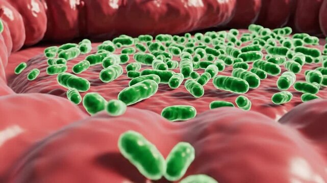 Microscopic view of bacteria on intestinal villi in gut, with green microbes