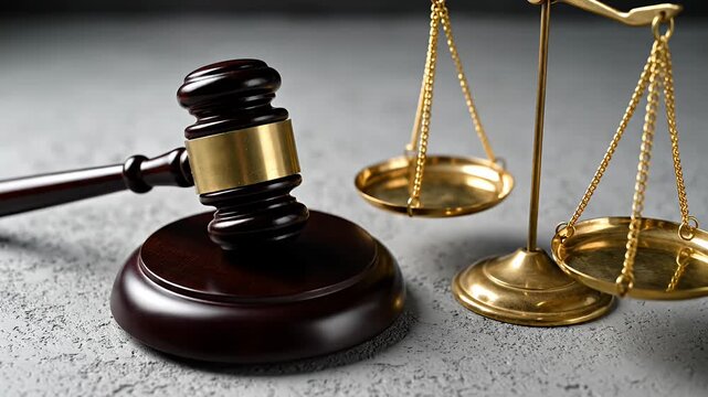 Gavel and golden scales of justice on concrete background